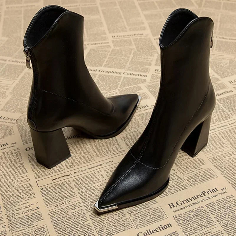 Leather Ankle Boots Square Heel Metal Detail Refined Luxe