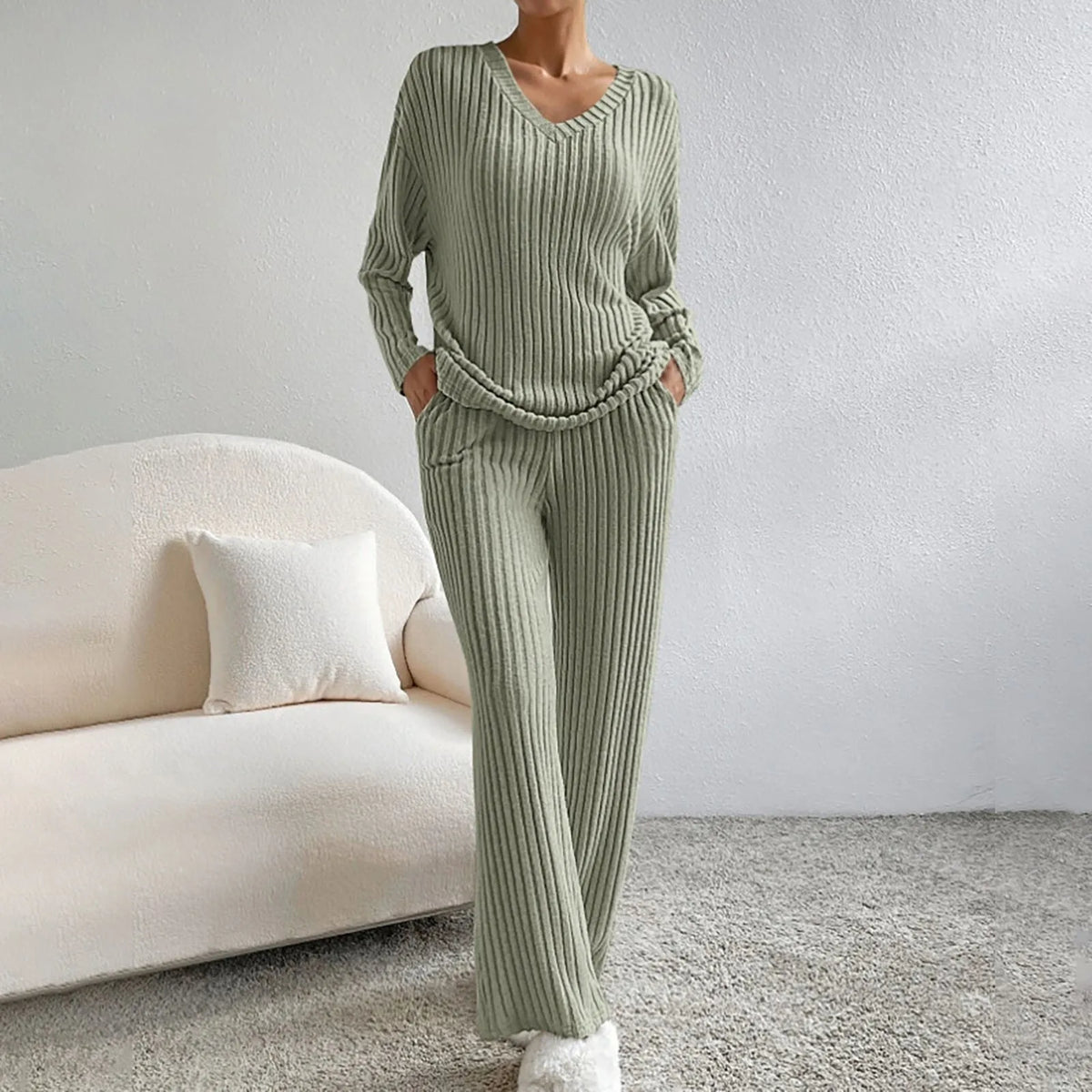 Knitted Two Piece Set V Neck Jumper Trousers Loungewear