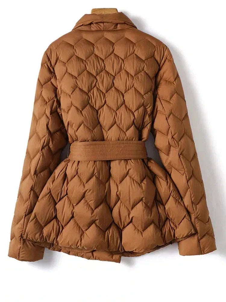Elegant Down Jacket Belted Quilted Refined Winter