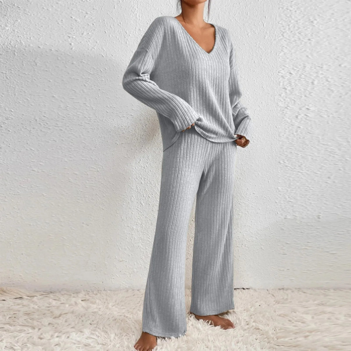 Knitted Two Piece Set V Neck Jumper Trousers Loungewear