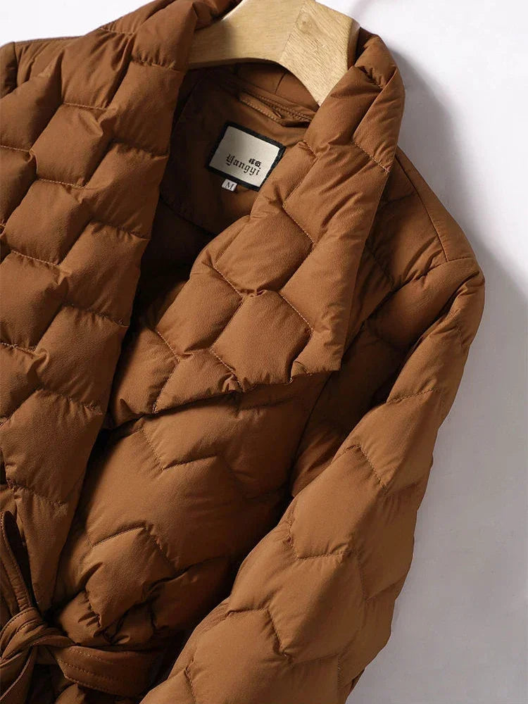 Elegant Down Jacket Belted Quilted Refined Winter