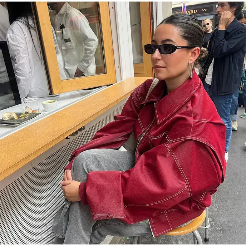 Oversized Faux Leather Jacket Red Biker Statement