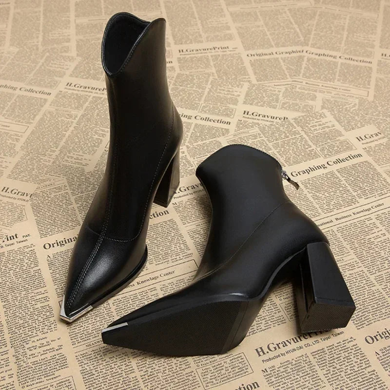 Leather Ankle Boots Square Heel Metal Detail Refined Luxe