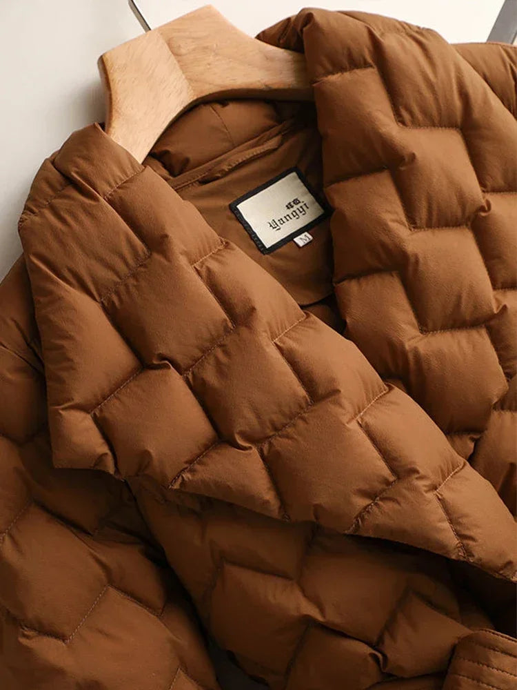 Elegant Down Jacket Belted Quilted Refined Winter