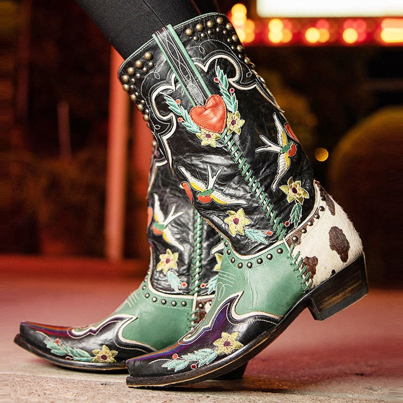 Western Cowboy Boots Pointed Toe Block Heel Refined Detail