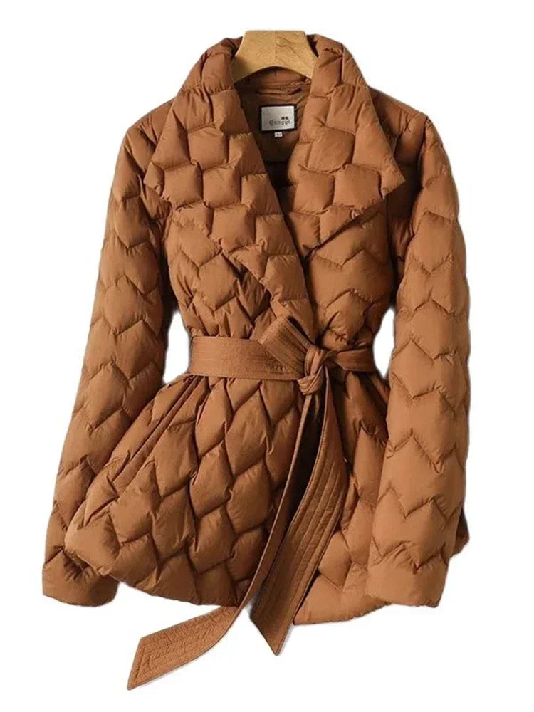 Elegant Down Jacket Belted Quilted Refined Winter
