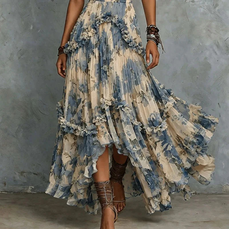 Strapless Rosalind 3D floral maxi dress by Bennett and Lowe, featuring intricate floral embroidery and flowing fabric.