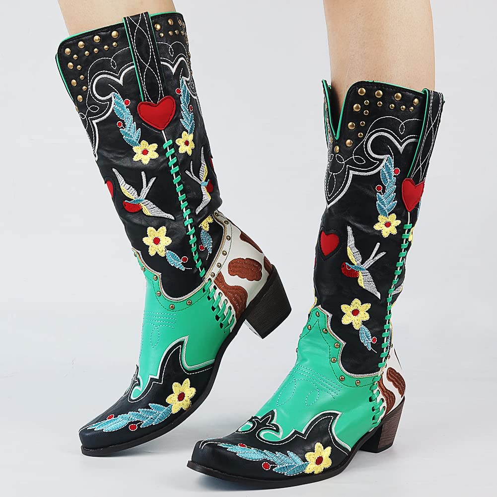 Western Cowboy Boots Pointed Toe Block Heel Refined Detail