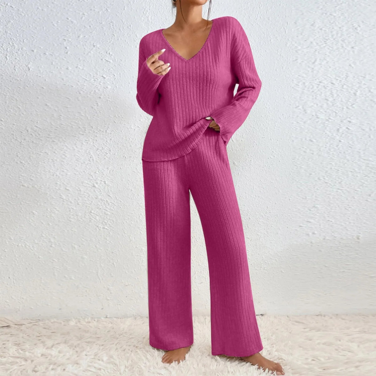 Knitted Two Piece Set V Neck Jumper Trousers Loungewear
