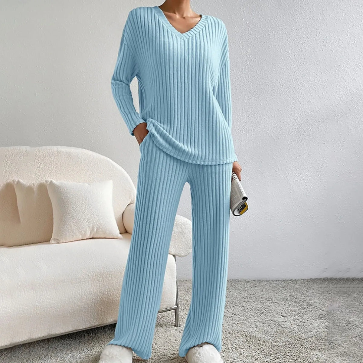 Knitted Two Piece Set V Neck Jumper Trousers Loungewear