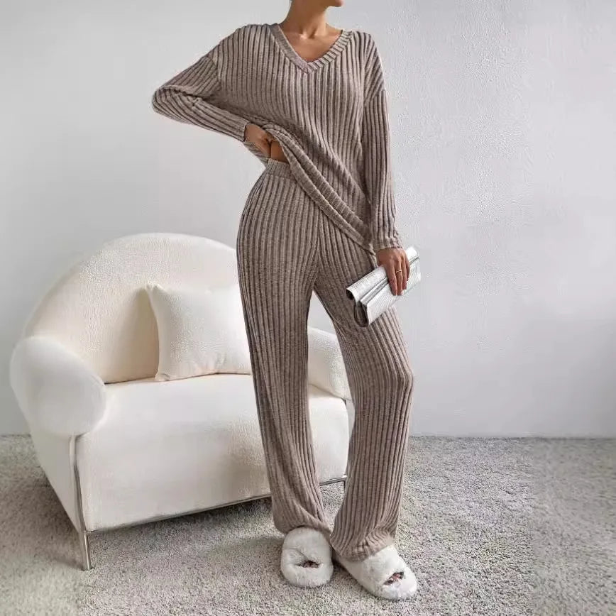 Knitted Two Piece Set V Neck Jumper Trousers Loungewear