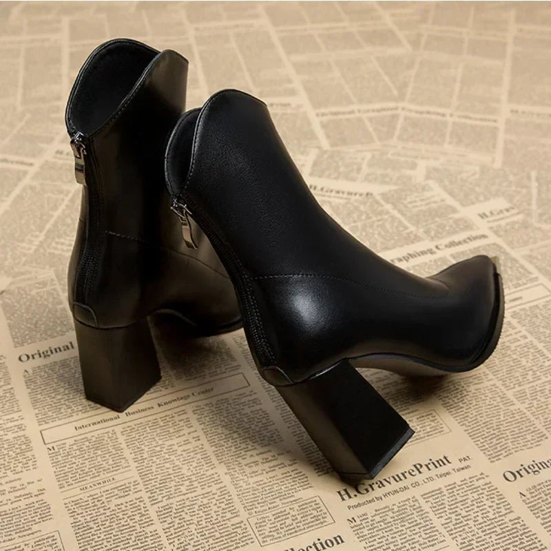Leather Ankle Boots Square Heel Metal Detail Refined Luxe
