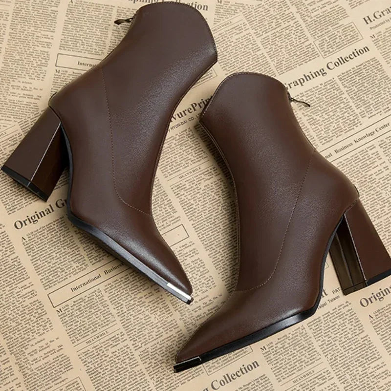 Leather Ankle Boots Square Heel Metal Detail Refined Luxe