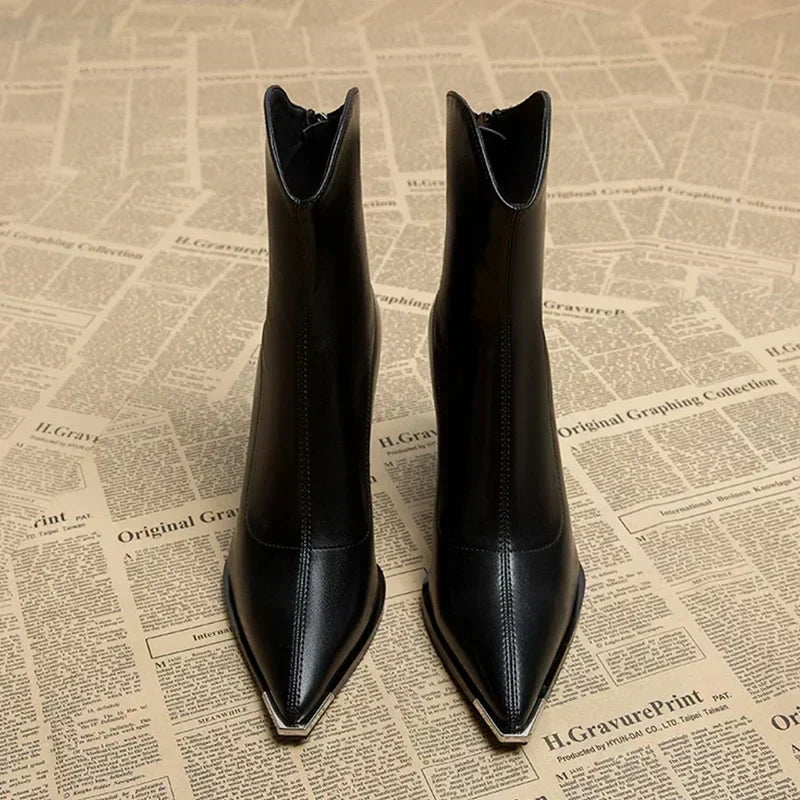 Leather Ankle Boots Square Heel Metal Detail Refined Luxe