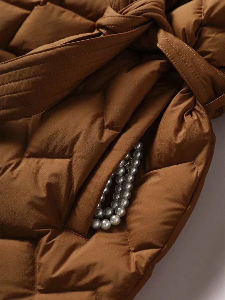 Elegant Down Jacket Belted Quilted Refined Winter