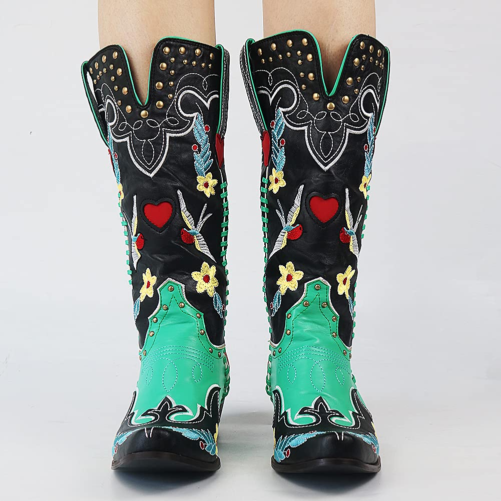 Western Cowboy Boots Pointed Toe Block Heel Refined Detail