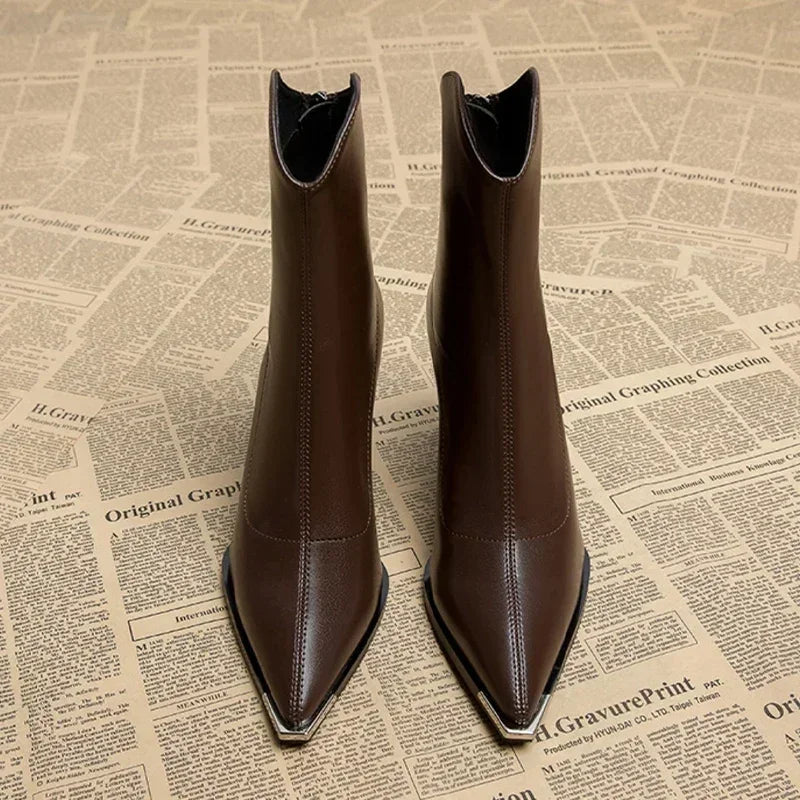 Leather Ankle Boots Square Heel Metal Detail Refined Luxe