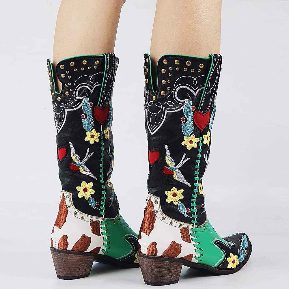 Western Cowboy Boots Pointed Toe Block Heel Refined Detail
