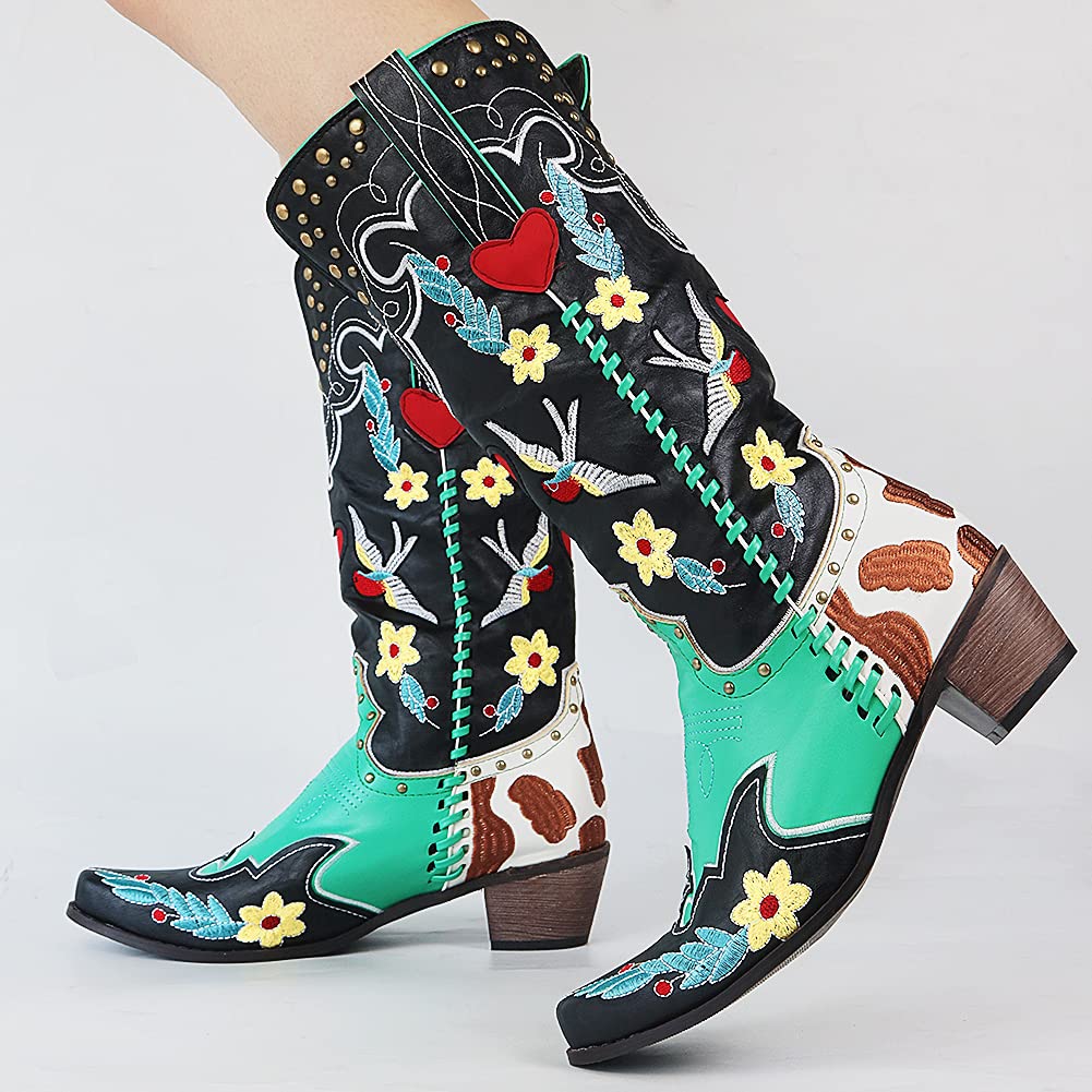 Western Cowboy Boots Pointed Toe Block Heel Refined Detail