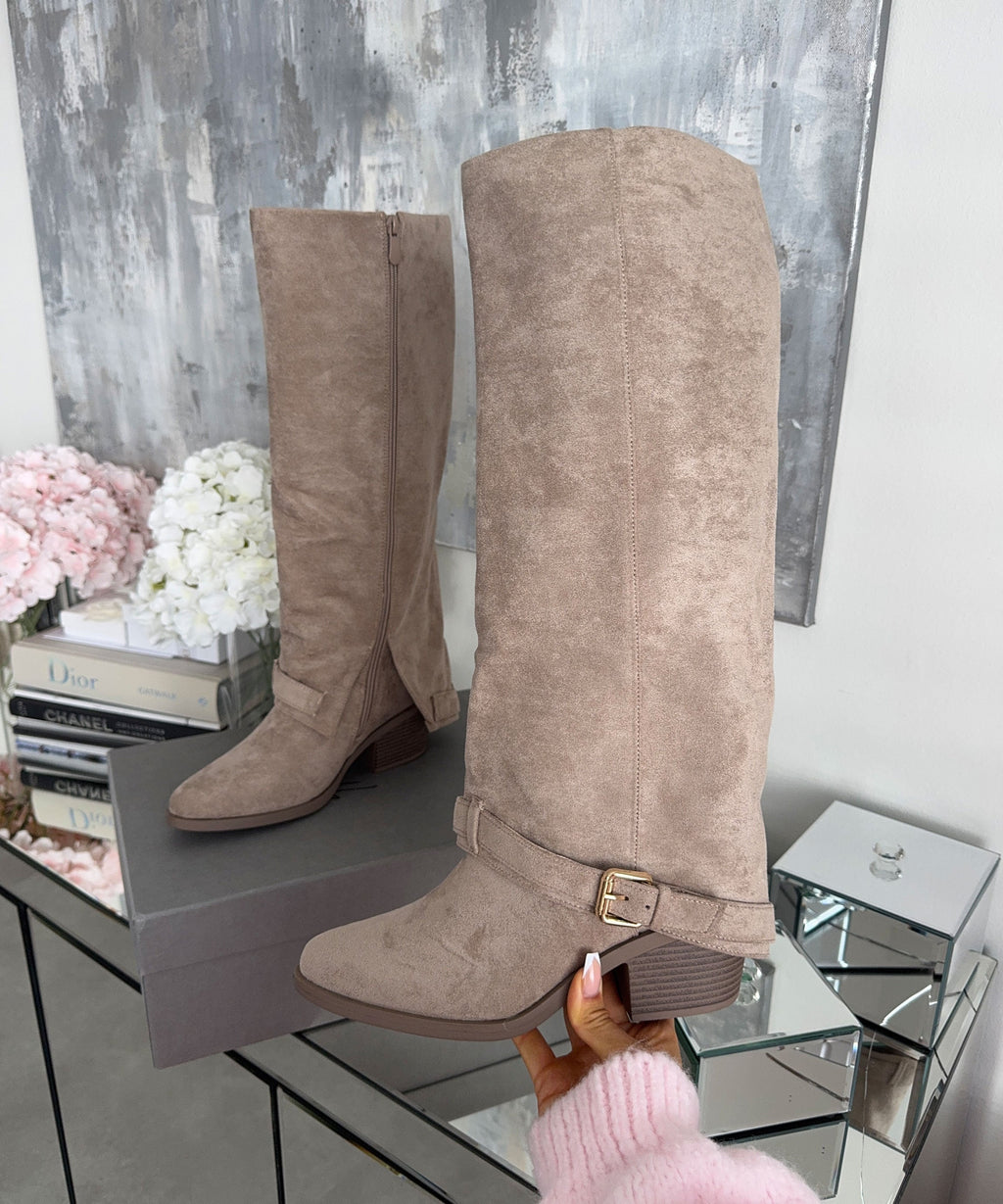 Suede Knee High Boots Beige Block Heel Round Toe Classic