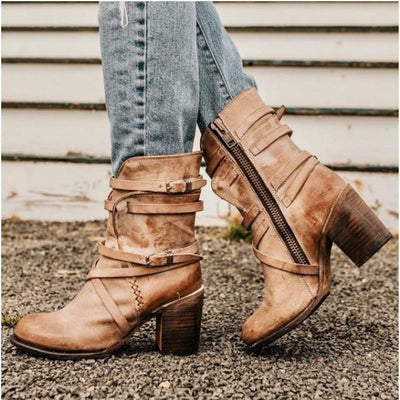 Ankle Boots Leather Buckle Strap Block Heel Vintage Distressed