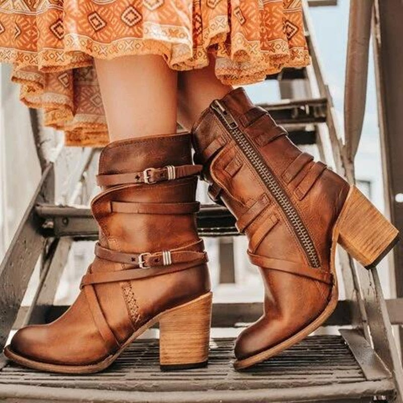 Ankle Boots Leather Buckle Strap Block Heel Vintage Distressed