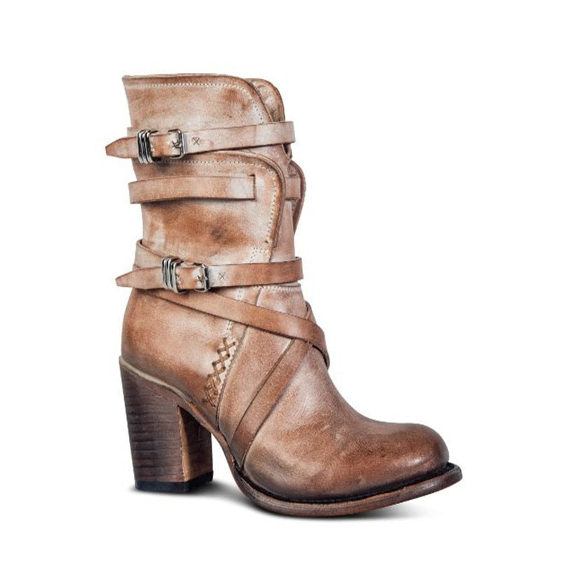 Ankle Boots Leather Buckle Strap Block Heel Vintage Distressed