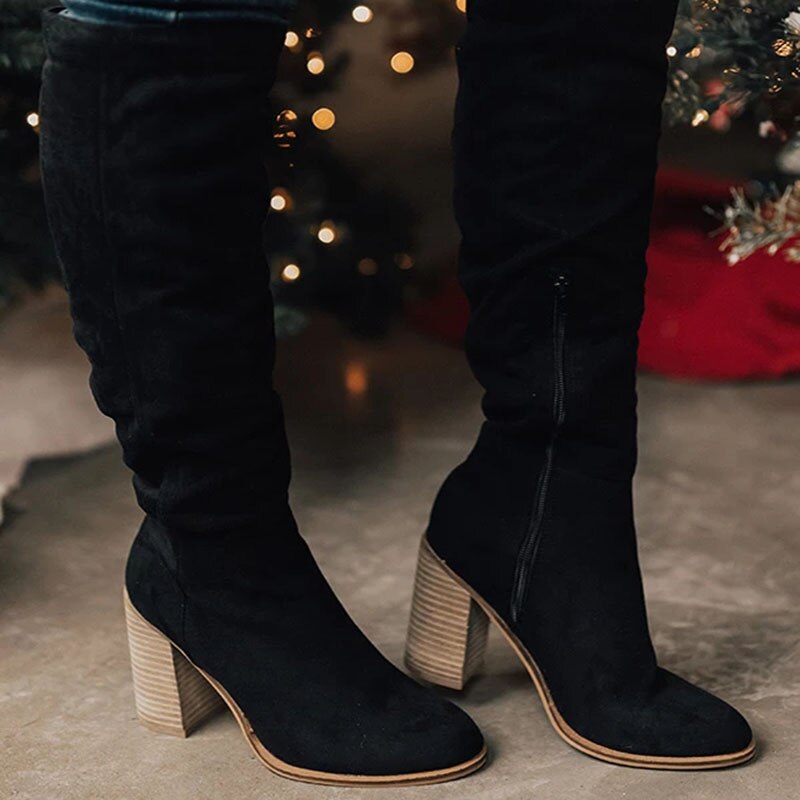 Suede Knee High Boots Stacked Block Heel Round Toe Women's
