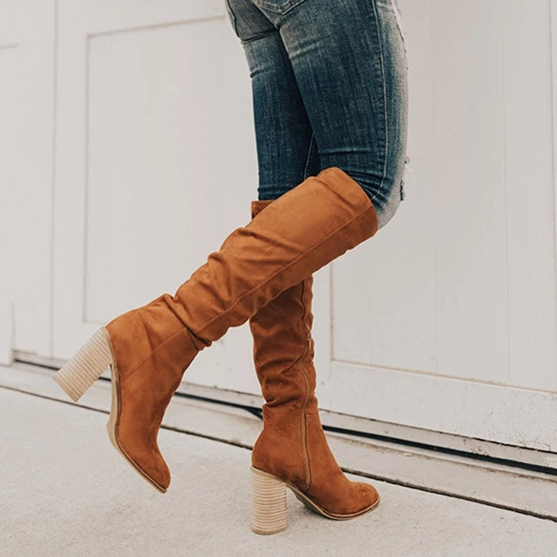 Suede Knee High Boots Stacked Block Heel Round Toe Women's