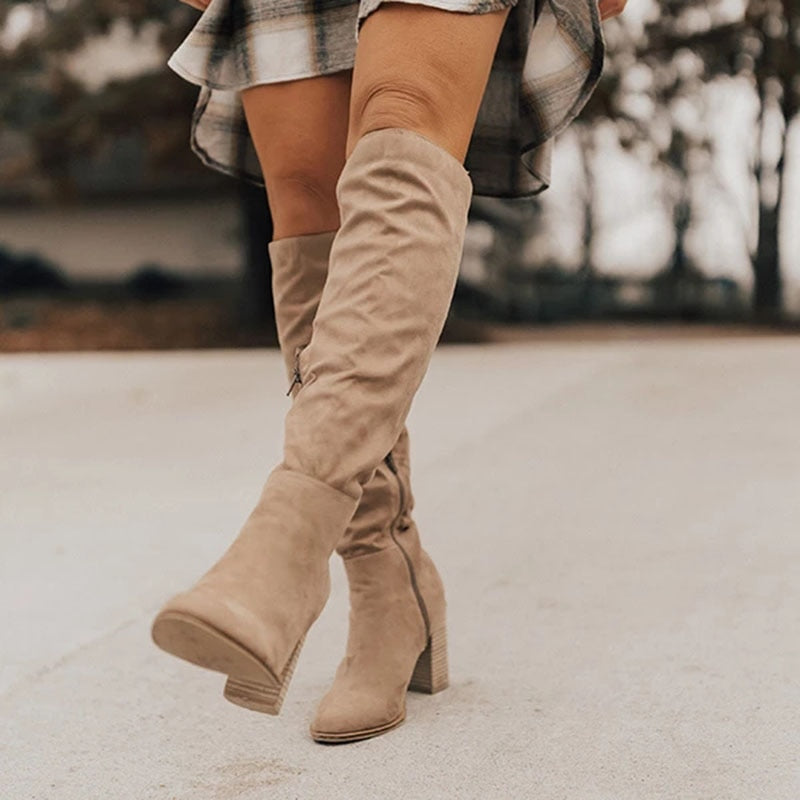 Suede Knee High Boots Stacked Block Heel Round Toe Women's