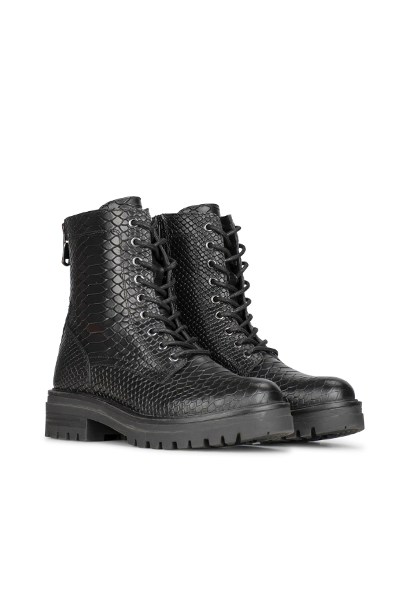 Combat Boots Python Print Leather Lace Up Chunky Sole