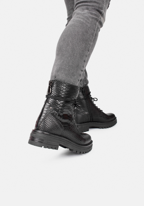 Combat Boots Python Print Leather Lace Up Chunky Sole