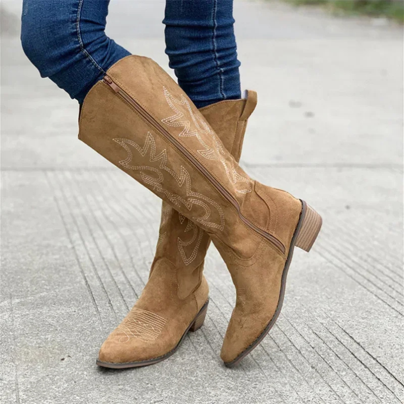Western Boots Suede Embroidered Tall Cowboy Side Zip Block Heel