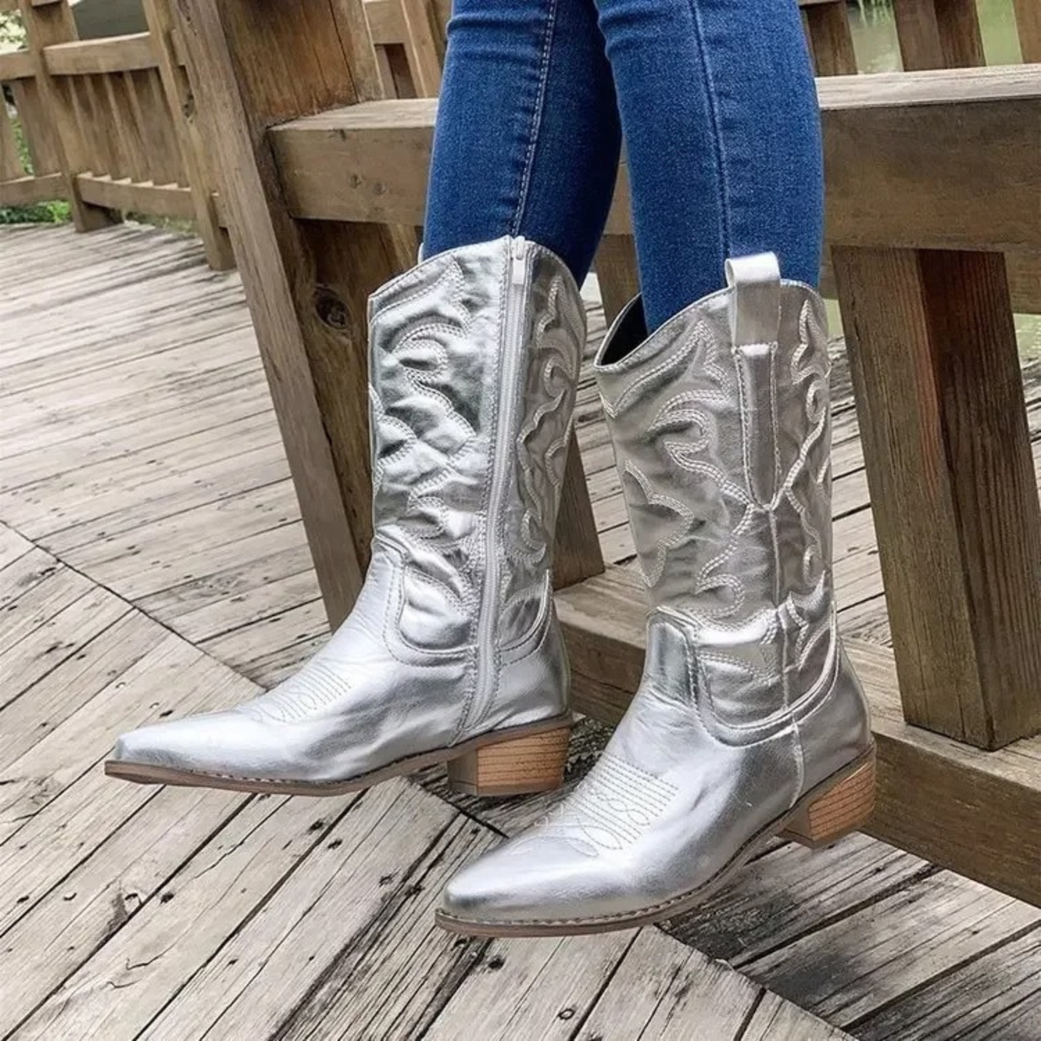 Western Boots Metallic Leather Pointed Toe Cowgirl Ankle