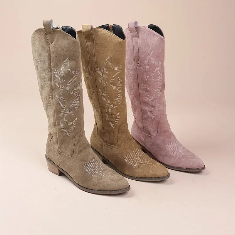Western Boots Suede Embroidered Block Heel Cowgirl Tall