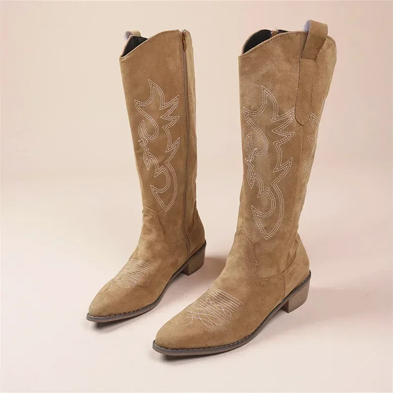 Western Boots Suede Embroidered Block Heel Cowgirl Tall