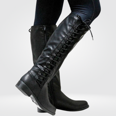 Lace Up Knee High Boots Leather Combat Chunky Sole