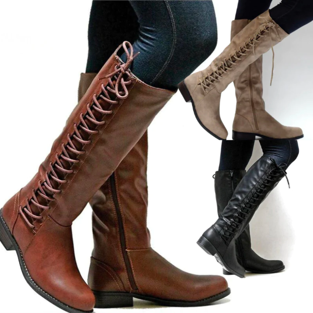 Lace Up Knee High Boots Leather Combat Chunky Sole