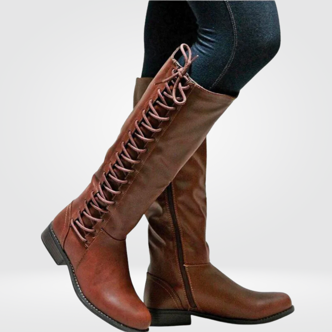 Lace Up Knee High Boots Leather Combat Chunky Sole