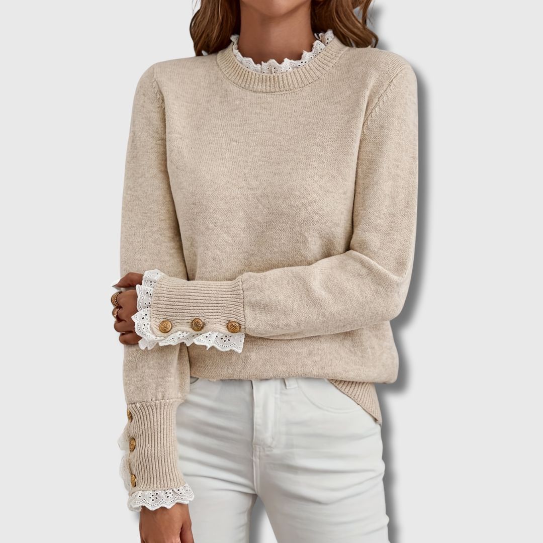 Lace Trim Jumper Knit Long Sleeve Round Neck Feminine