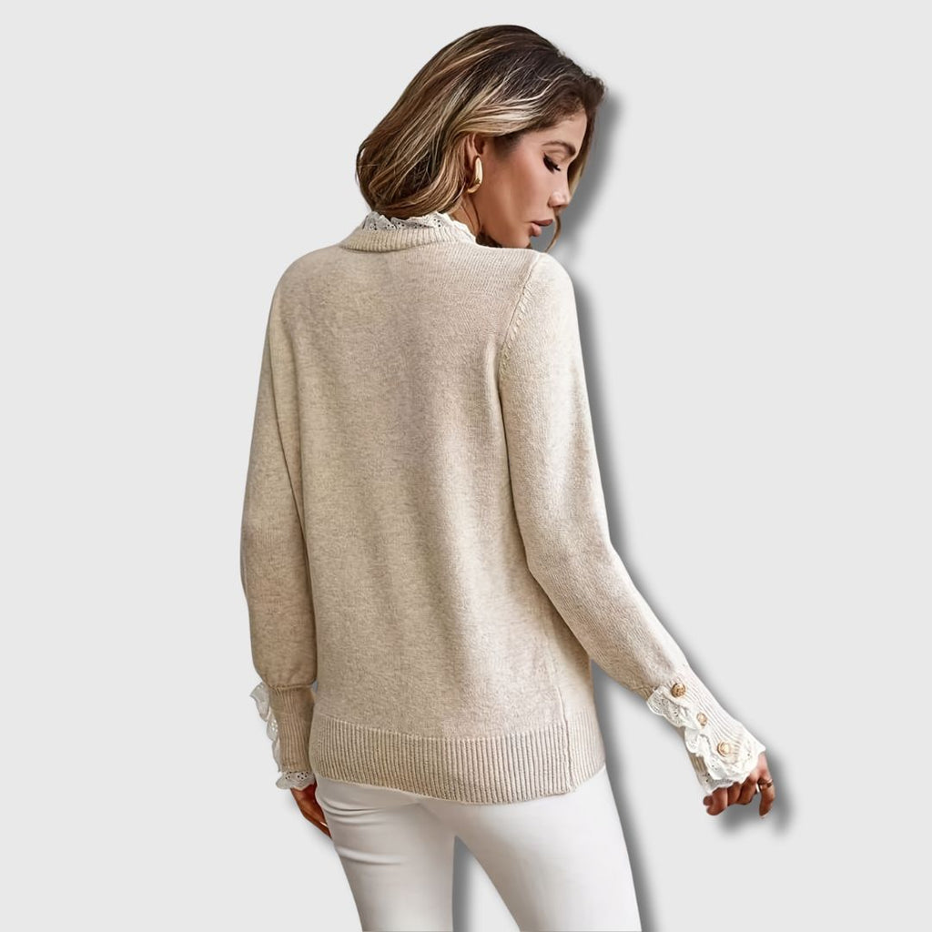 Lace Trim Jumper Knit Long Sleeve Round Neck Feminine