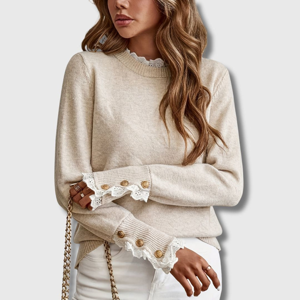 Lace Trim Jumper Knit Long Sleeve Round Neck Feminine