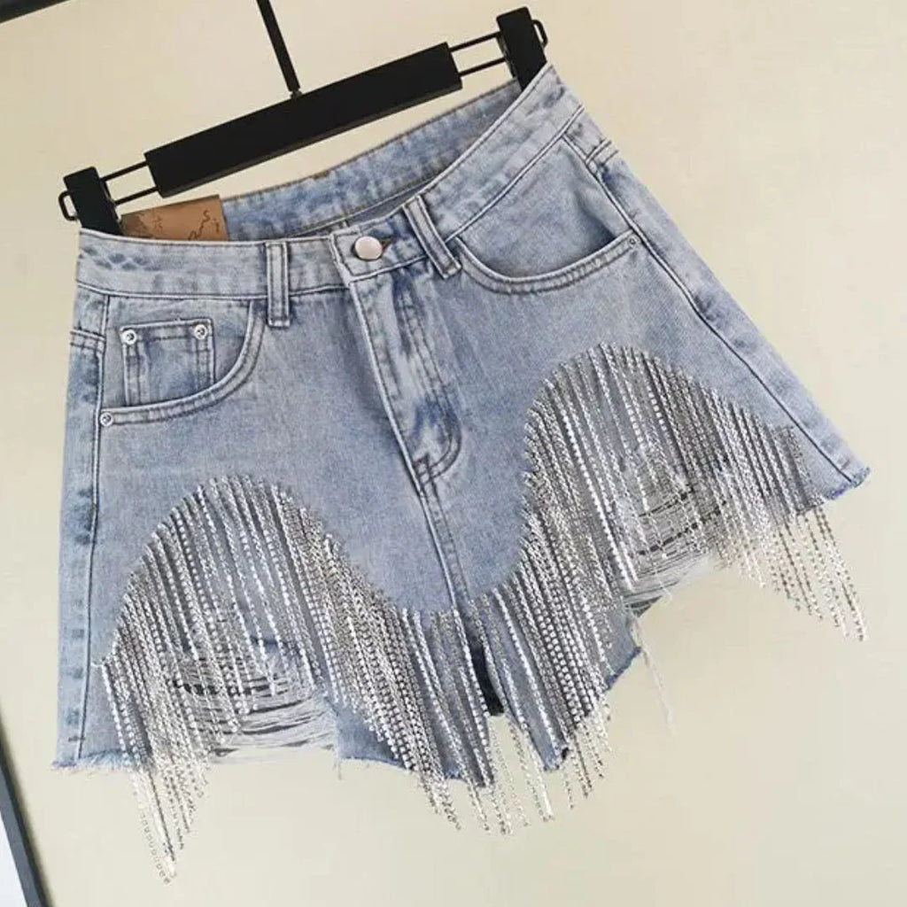 High Waisted Denim Shorts Distressed Rhinestone Summer