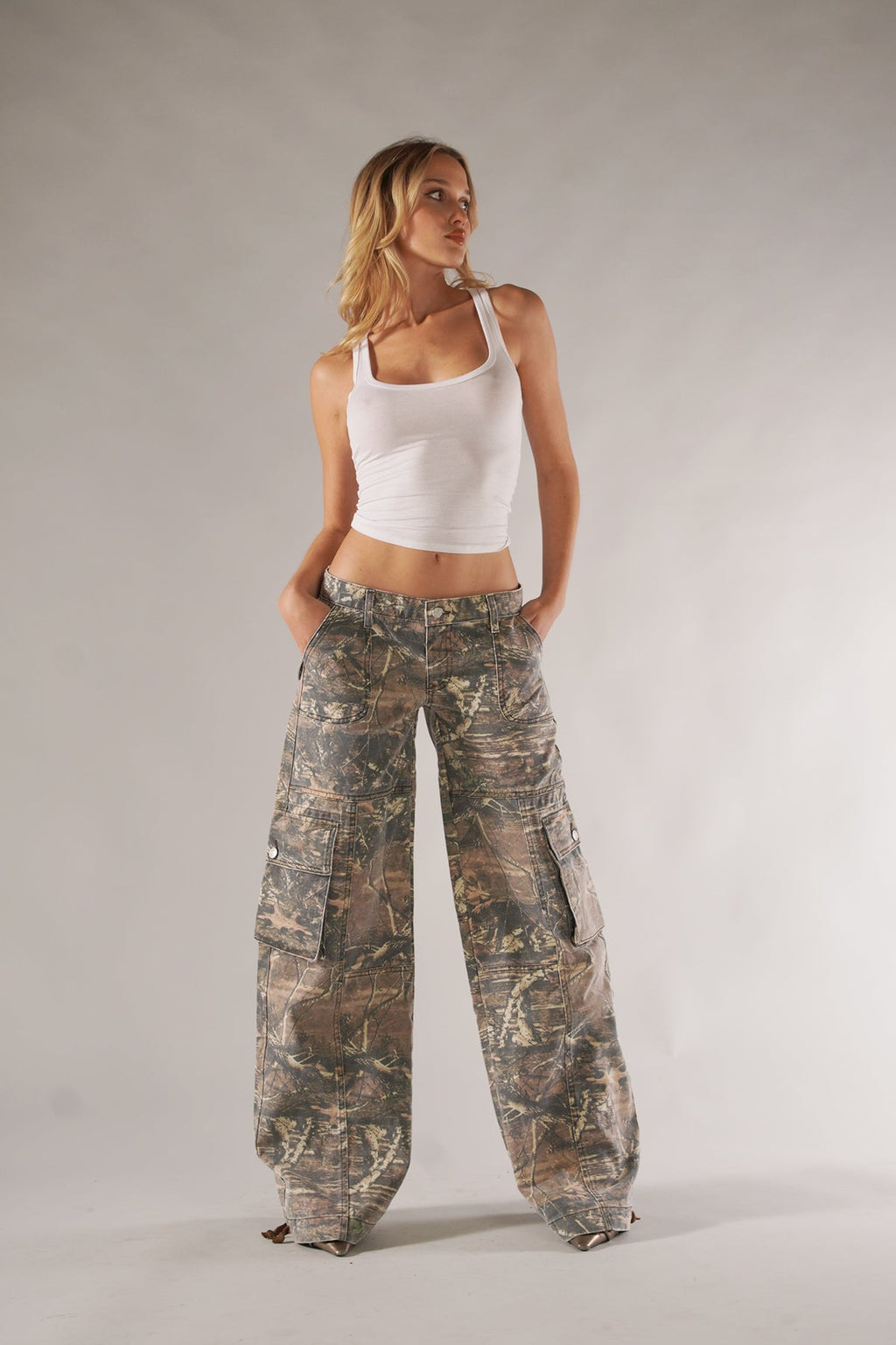 Camo Cargo Trousers Wide Leg Utility Pockets Relaxed Fit