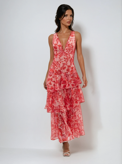 Floral Midi Dress Tiered Ruffle Deep V Neck Strappy Back Summer