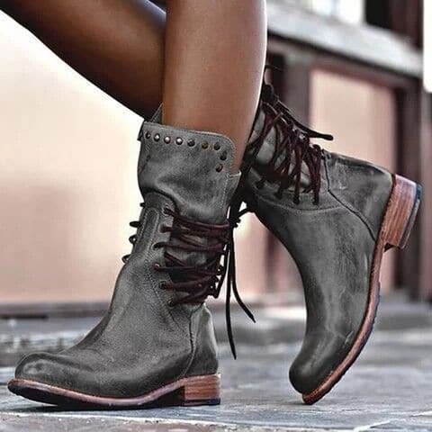 Mid Calf Boots Leather Lace Up Studded Block Heel Vintage