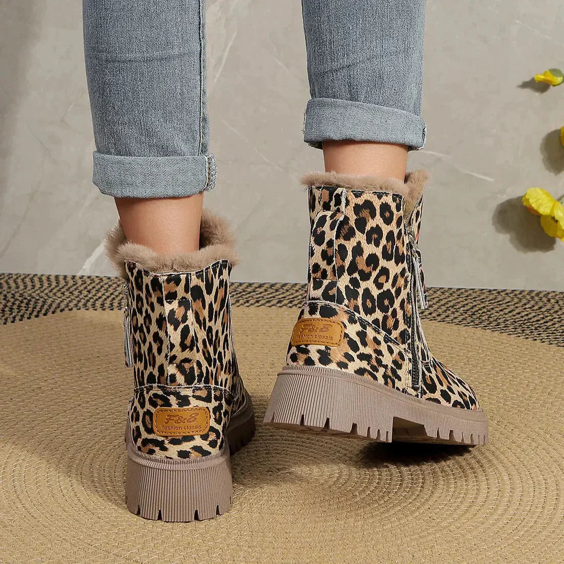 Leopard Print Winter Boots Fur Lined Platform Ankle Warm