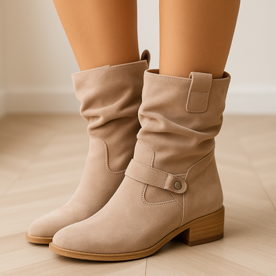 Suede Ankle Boots Slouchy Block Heel Round Toe Autumn