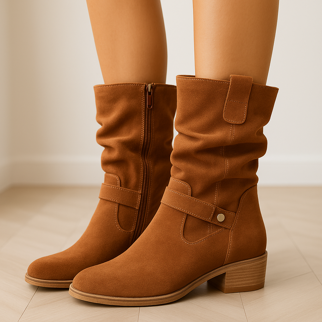 Suede Ankle Boots Slouchy Block Heel Round Toe Autumn