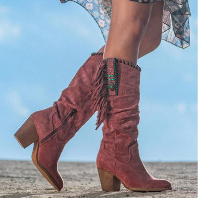 Western Fringe Boots Knee High Suede Block Heel Cowgirl